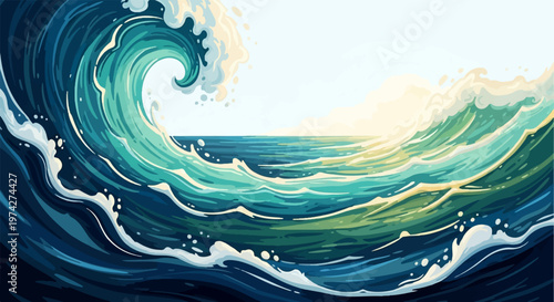A vibrant, stylized ocean wave crashes with frothy white foam under a bright sky
