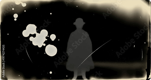 Silhouette of a cloaked figure in a hat against a dark, textured background with light splatters