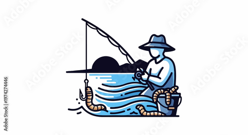 A person in a hat fishes with worms near a body of water