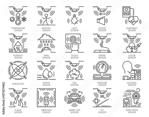 Smart digital control sensor line icons and pictograms of temperature, motion and light. Vector sensor icons of flame and vibration, smoke detector, heartbeat monitor or gyroscope of IoT technology