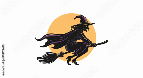 A witch flies on a broomstick against a large, textured, orange moon