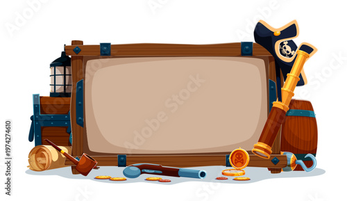 Pirate wooden signboard frame with corsair hat, weapon and other objects. Cartoon vector border with telescope near barrel and lantern. Treasure coin, hook, pipe and scroll around blank nautical board
