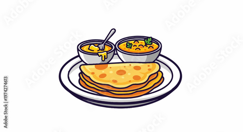 Plate of flatbreads served with two bowls of curry, one with a spoon