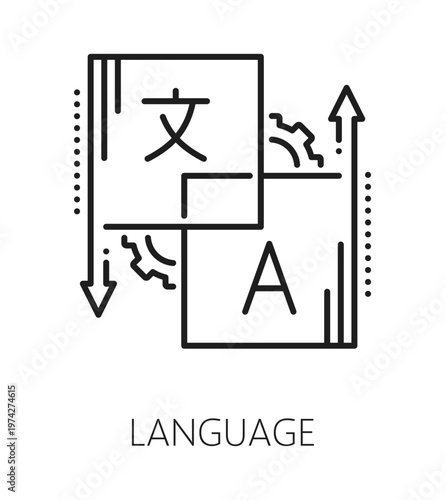 Language understanding cognitive ability line icon or symbol. Brain development outline vector sign, cognitive ability therapy icon. Mental function pictogram with foreign language translation symbol
