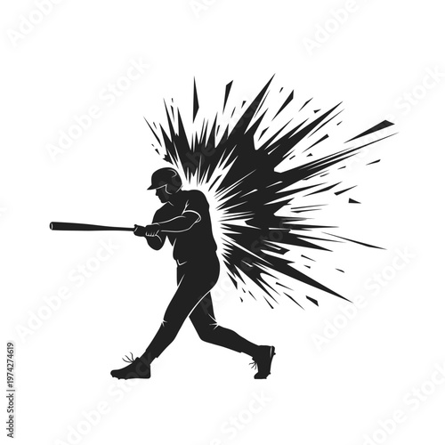 Baseball player hitting ball with explosive energy burst silhouette