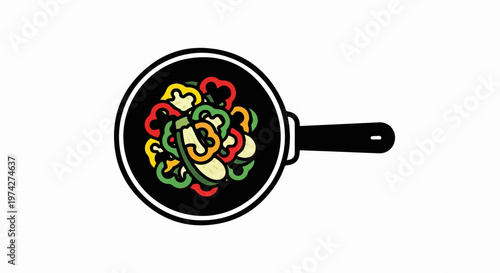 Sliced colorful bell peppers and zucchini cooked in a black frying pan