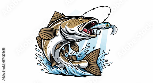 A dynamic illustration of a large fish leaping from water, biting a fishing lure
