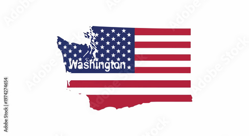 United States flag overlaying the shape of Washington state with text
