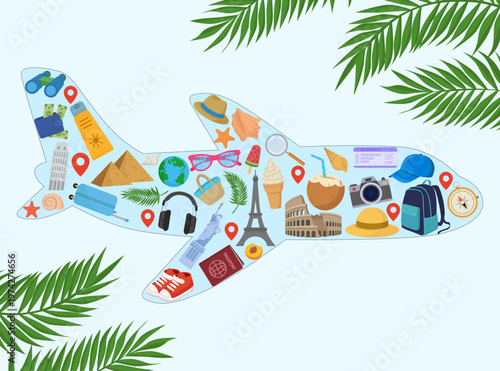 Airplane silhouette filled with world landmarks and travel elements tourism concept famous monuments