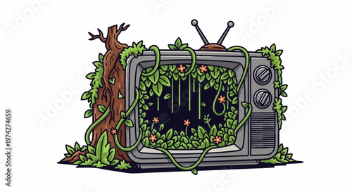 A vintage television overtaken by lush green plants and small orange flowers