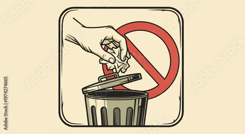 Hand discarding crumpled paper into a bin with a red prohibition symbol