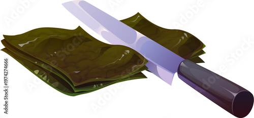 Seaweed nori sheets being cut with kitchen knife. Cartoon vector cooking process showing dried algae preparation, culinary ingredient for Asian cuisine with sharp blade and stacked marine food sheets