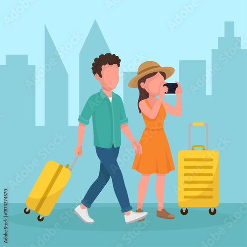 Flat illustration of a young couple traveling with suitcases in the city Summer city break concept