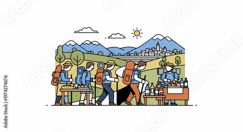 Hikers with backpacks pass a food stall with a village and mountains in background