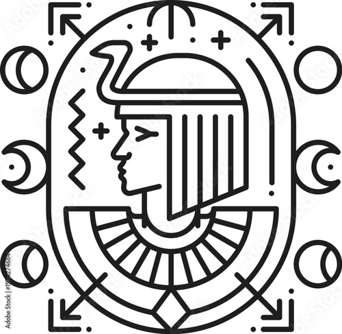 Egyptian pharaoh profile esoteric line tattoo. Africa mythology tarot lineart vector sign, ancient history boho linear tattoo. Egyptian civilization esoteric symbol with pharaoh king portrait