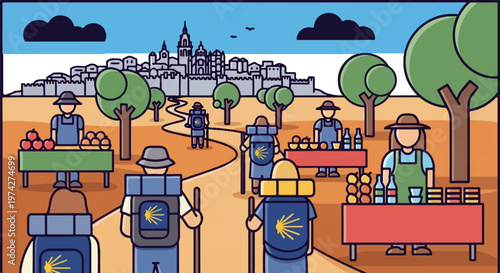 Pilgrims walk towards a city, stopping at roadside stalls selling fruit and drinks