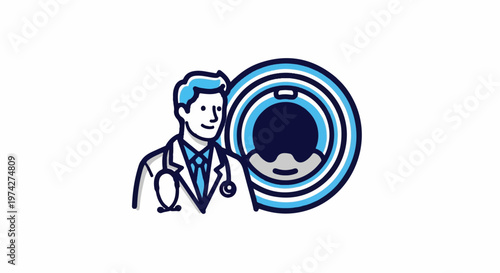 A doctor with a stethoscope stands next to a large, round medical scanner