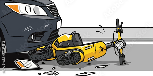 A black car sits next to a damaged yellow scooter, implying an accident