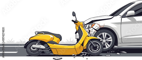 A yellow scooter is crashed into the front of a white car on a road with debris