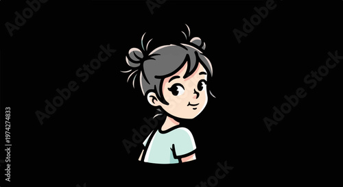 Cartoonish young girl with grey hair in buns, looking over her shoulder with a smile