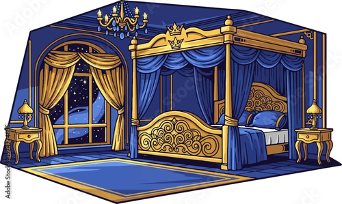 Ornate royal bedroom with golden four-poster bed, blue drapes, starscape window, and chandelier
