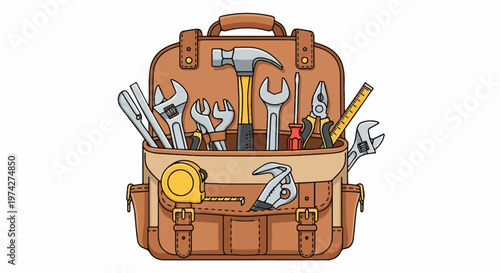A brown toolbox overflows with various hand tools, including wrenches, pliers, a hammer, and a measuring tape