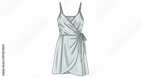 A light gray, short wrap dress with thin spaghetti straps and a tie waist
