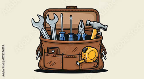 A cartoon brown tool bag with wrenches, screwdrivers, pliers, hammer, and tape measure