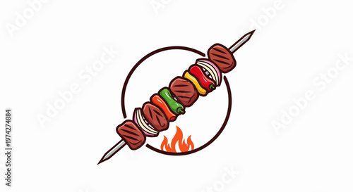 A skewer of grilled meat and vegetables with flames underneath