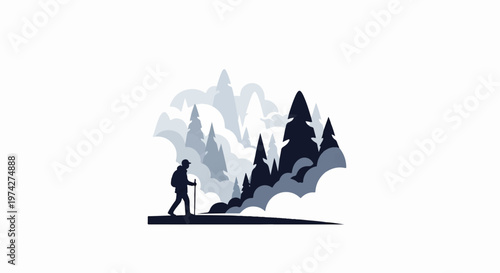 Silhouette of a hiker with a backpack and pole walking through a misty forest with fir trees