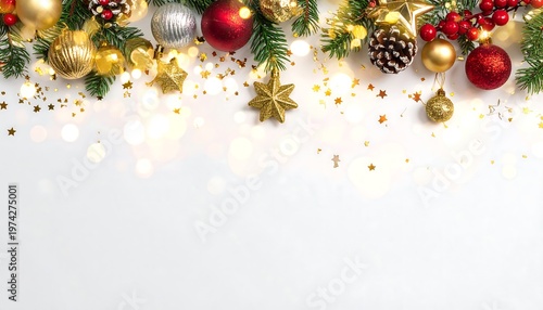 Festive holiday scene with ornaments, pine needles, berries, and twinkling lights on a white backdrop, perfect for celebrations