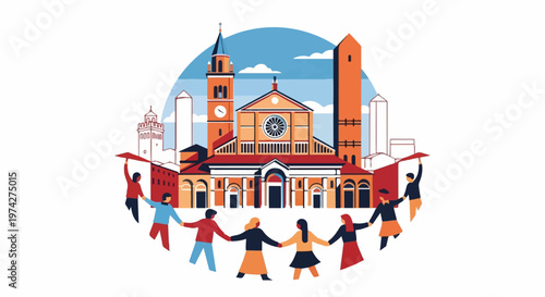 Diverse community joins hands in unity before a stylized cityscape with a grand cathedral