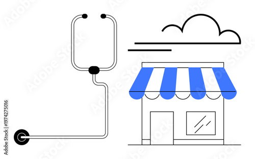 E-commerce, logistics, cloud delivery, small business, shipping, digital transformation. Store with awnings connected to a digital cloud. E-commerce and logistics