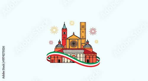 Stylized Italian cathedral with festive fireworks and ribbon