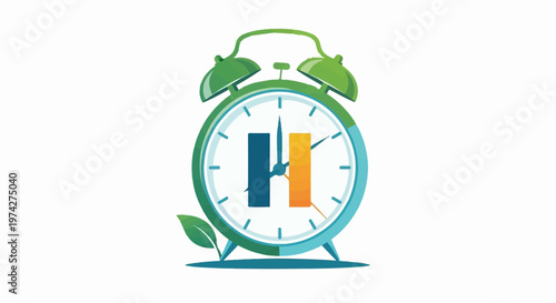 Stylized alarm clock with abstract bars and a leaf