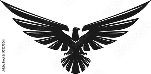 Black eagle flying bird graphic icon or symbol. Hunting hawk graphic sign, black eagle bird business emblem. Flying falcon company icon