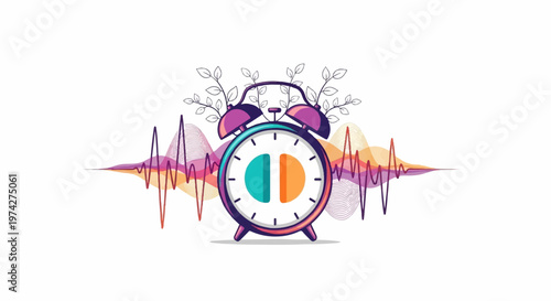 Vintage alarm clock with artistic sound waves and botanical accents