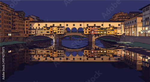 Old bridge with shops and arches reflected in calm water at dusk