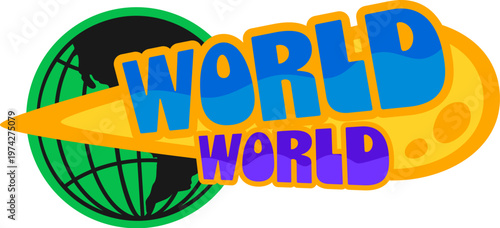 World globe Y2K funky sticker or symbol. Terrestrial sphere funky label, planet mesh sphere vector patch. Earth wireframe globe sticker or Y2k tag with flying comet, green globe and funky typography