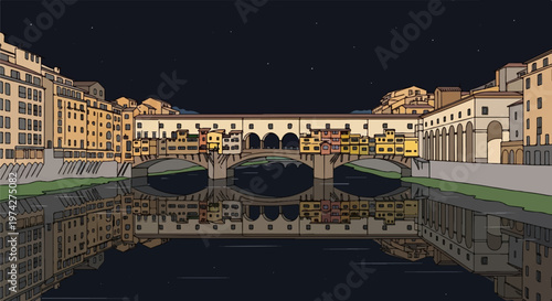Stylized nighttime view of a historic bridge lined with buildings, reflected in dark water