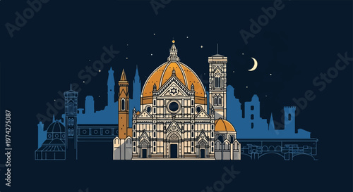 Stylized nighttime city skyline featuring a prominent domed cathedral and moon