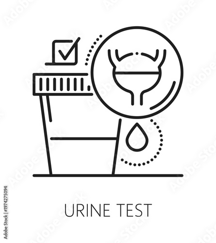 Urine test gynecology, fertility and medicine line icon or label. Pregnancy health thin line pictogram, gynecology laboratory test healthcare vector icon. Reproductive health and fertility symbol