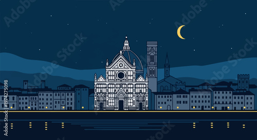 Elegant, stylized cityscape at night with a prominent domed cathedral and crescent moon
