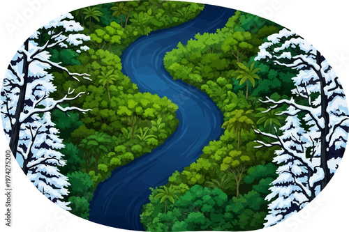 Aerial view of a winding river through lush forest transitioning to snow-covered trees