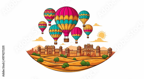Colorful hot air balloons float above a grand historical palace and golden hills under a bright sun