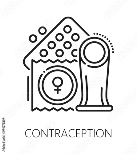 Contraception and gynecology, pregnancy planning line icon. Gynecology medicine thin line icon, birth control vector pictogram. Pregnancy prevention symbol with condom and contraception medicine pills