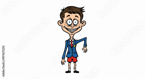 A cartoon boy in a blue jacket, red tie, and shorts, with wide, manic eyes and a huge grin