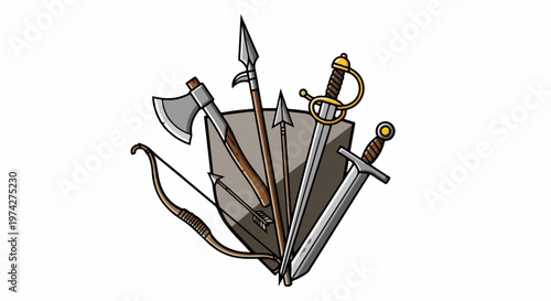 A collection of medieval weapons including swords, an axe, a bow, and arrows