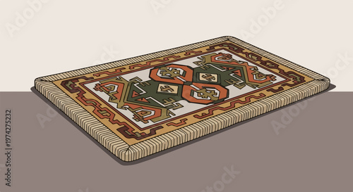 Detailed flat illustration of an intricately patterned oriental rug with fringed edges