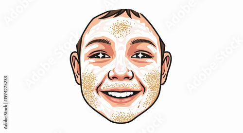 Cartoon face with white clay mask and granular texture
